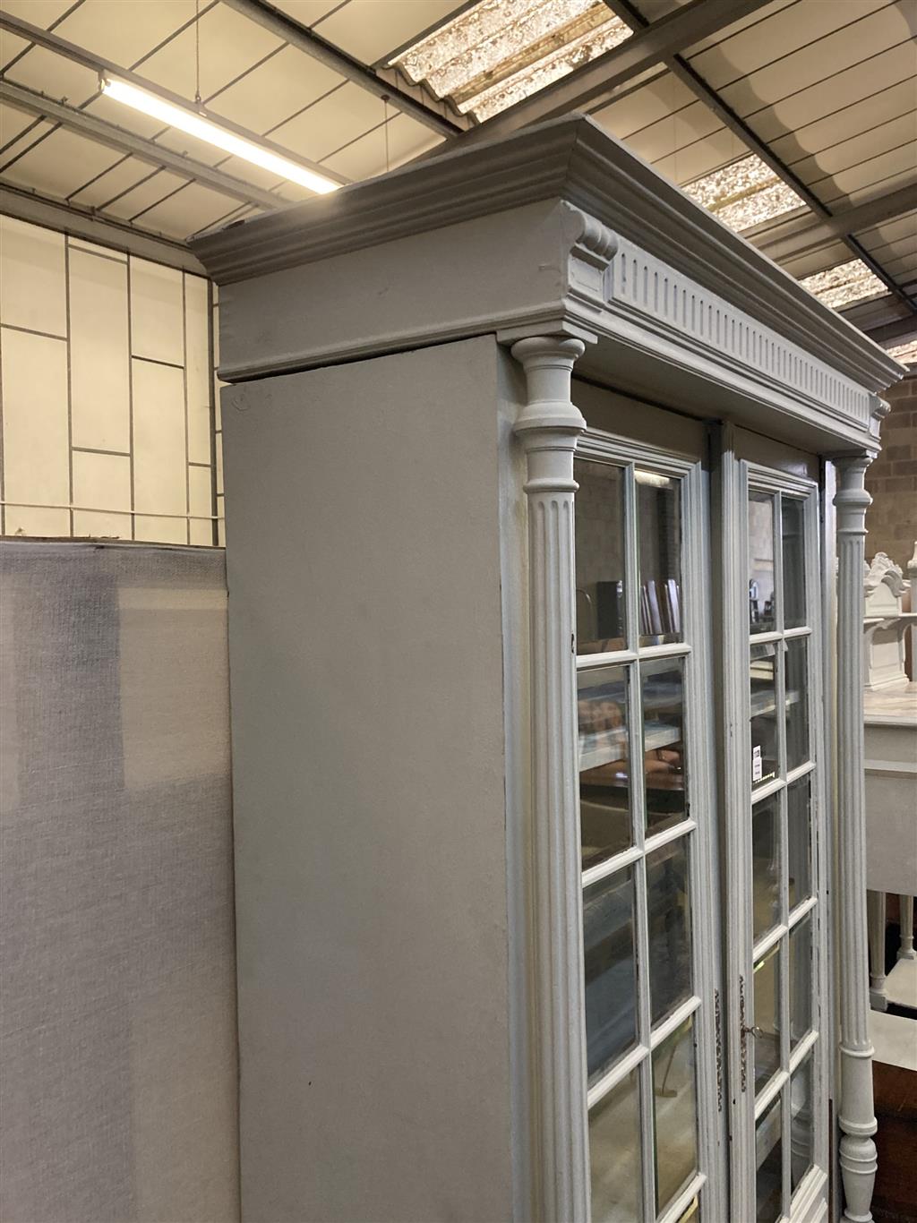 A late 19th century French grey painted display cabinet, width 122cm depth 50cm height 216cm